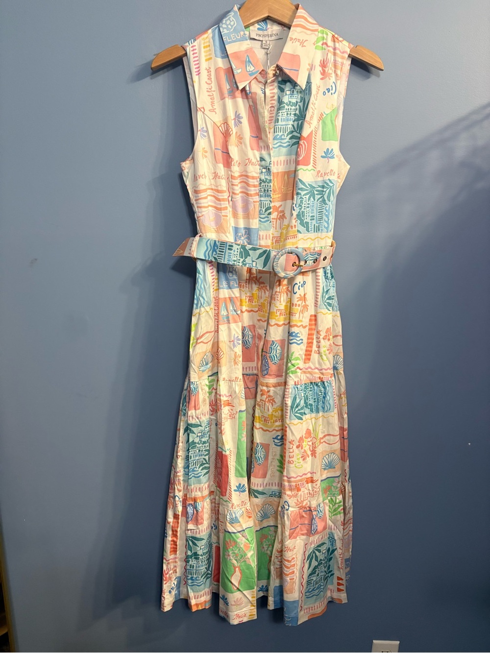 Sleeveless Collared Midi Dress with Patchwork Pastel Print and Belt